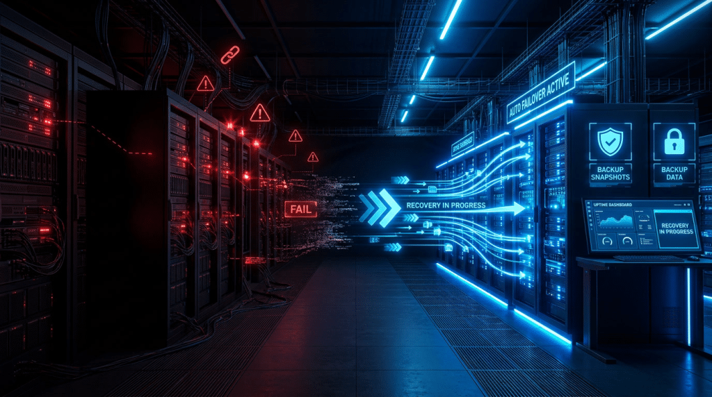 Data streaming from a server room to a cloud recovery site, representing cloud disaster recovery on AWS