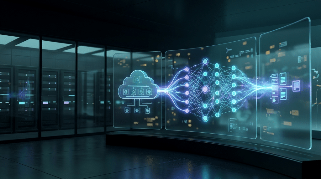 Generative AI on AWS illustrated as data flowing through a neural network on a glass display