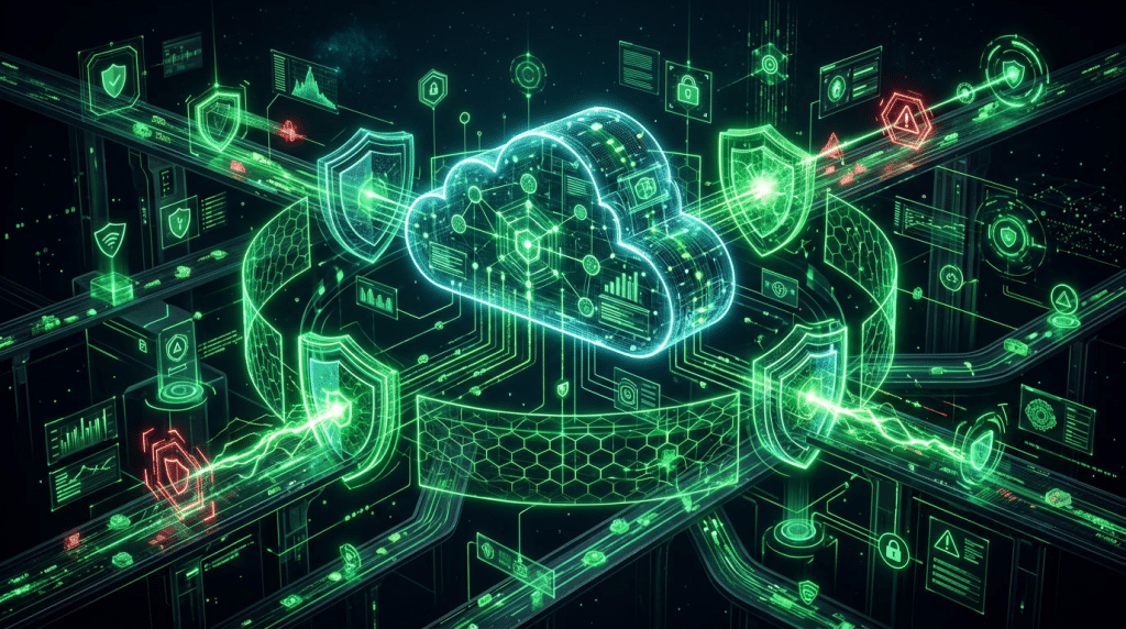 Green cloud surrounded by security shields and network links, representing 24/7 AWS security monitoring
