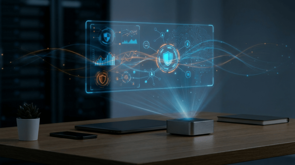 Holographic security dashboard projected over a desk, representing AWS security and cost optimisation