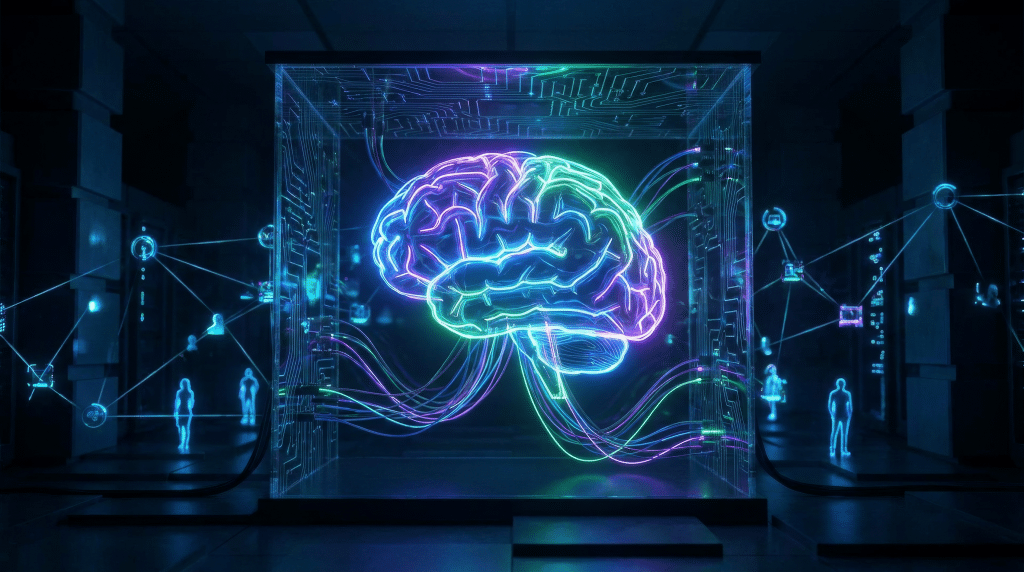 Glowing AI brain connected to people icons, representing company knowledge with Amazon Q Business