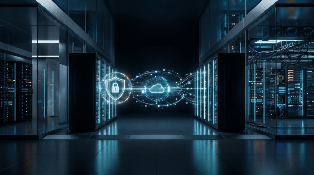 Locked cloud vault in a data centre corridor, representing a cloud backup solution on AWS