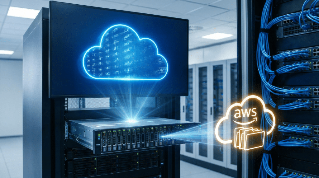Server moving into the AWS cloud, illustrating file server migration to Amazon FSx