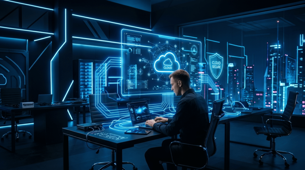 Remote employee using a cloud virtual desktop with security icons on screen