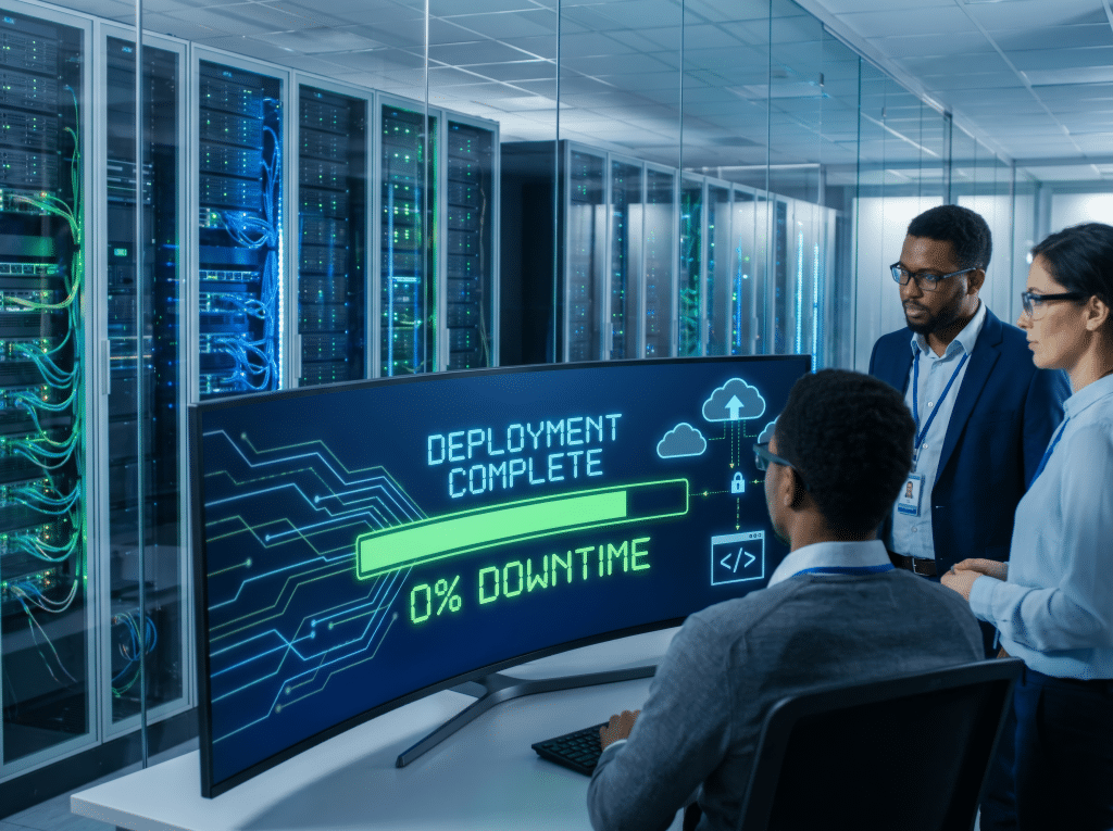 Team watching a deployment complete with 0% downtime on a monitor