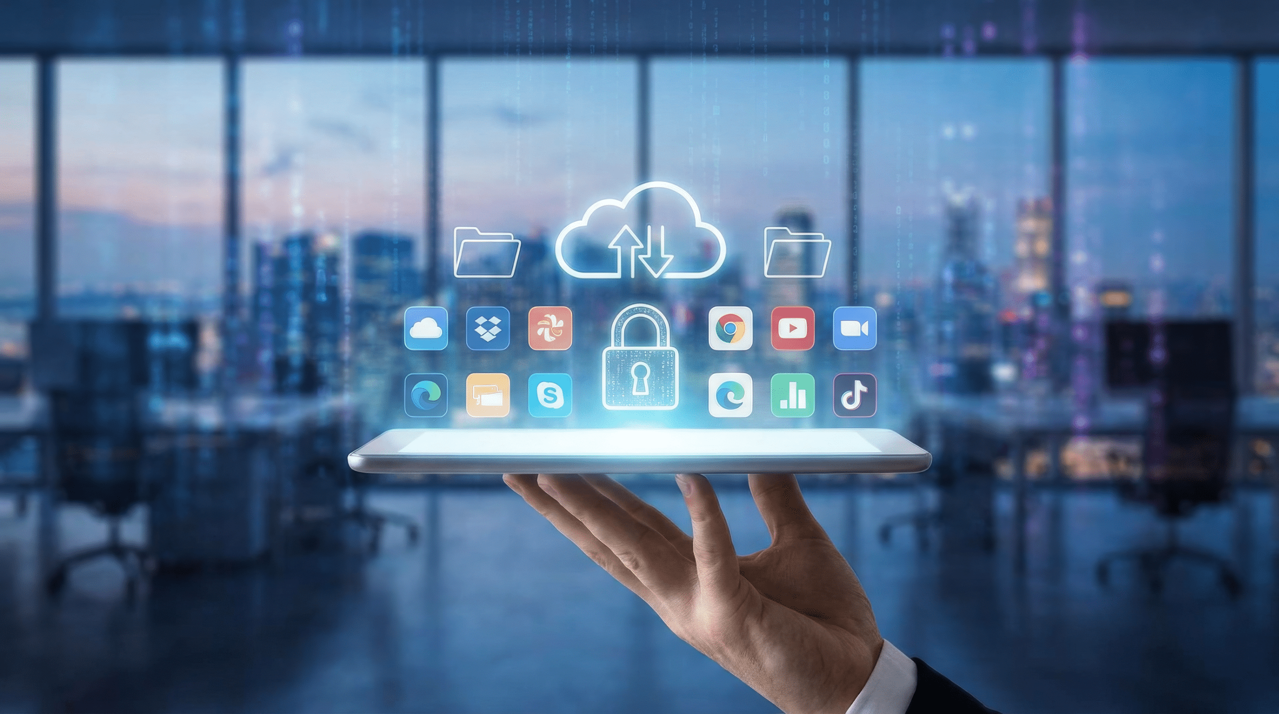 Hand holding a tablet with cloud apps floating above it, representing agility and flexibility