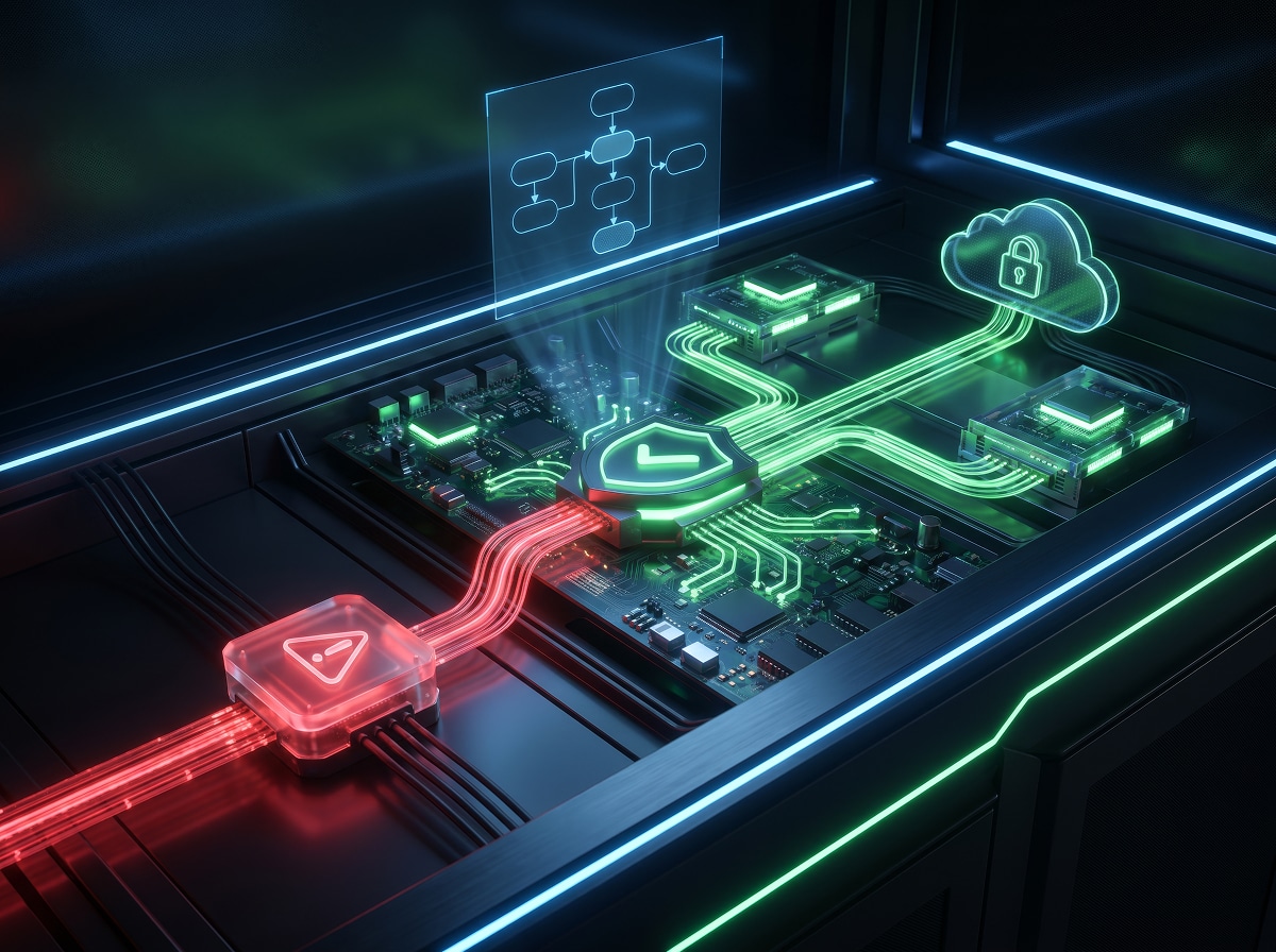 Server racks linked to a cloud with warning signals, representing risk identification and prioritised remediation