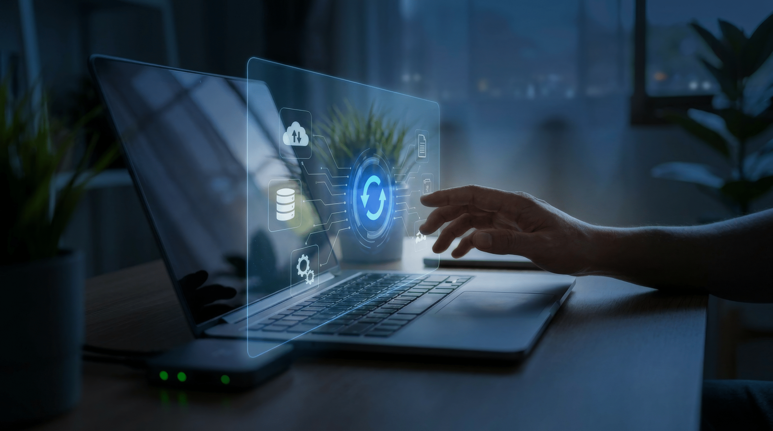 Glowing AI assistants above data platforms, representing workforce empowerment with generative AI