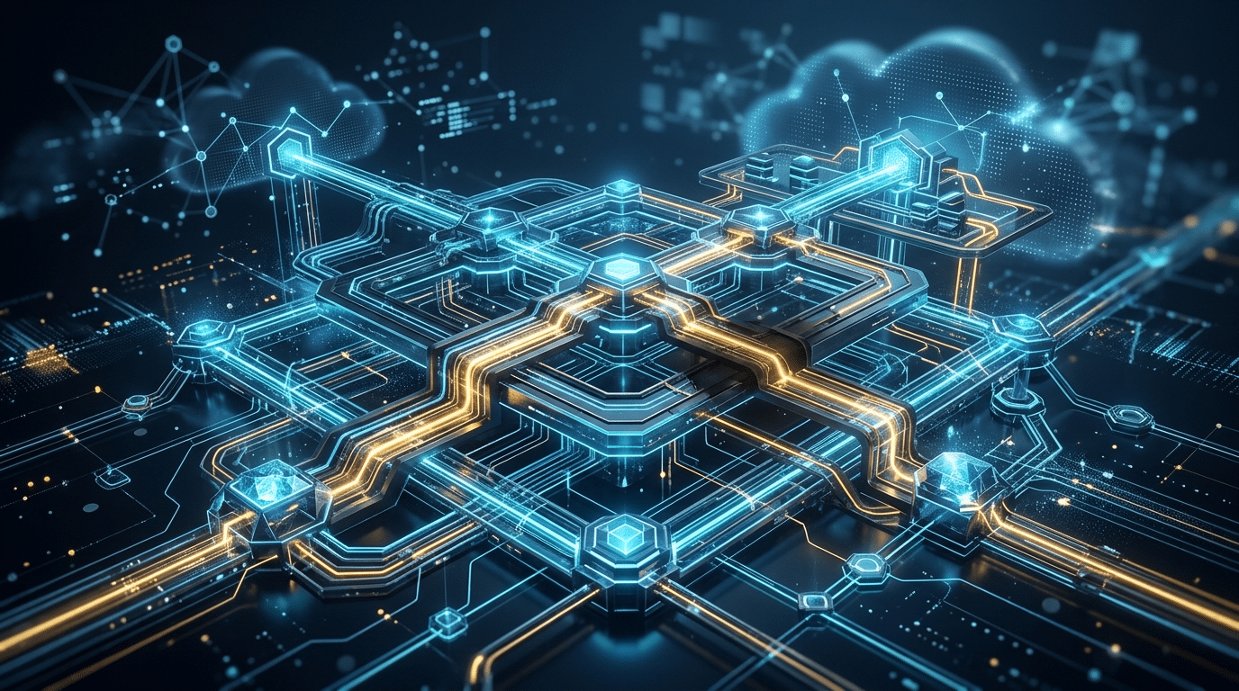 Glowing network of connected cloud services, representing reliability and business continuity