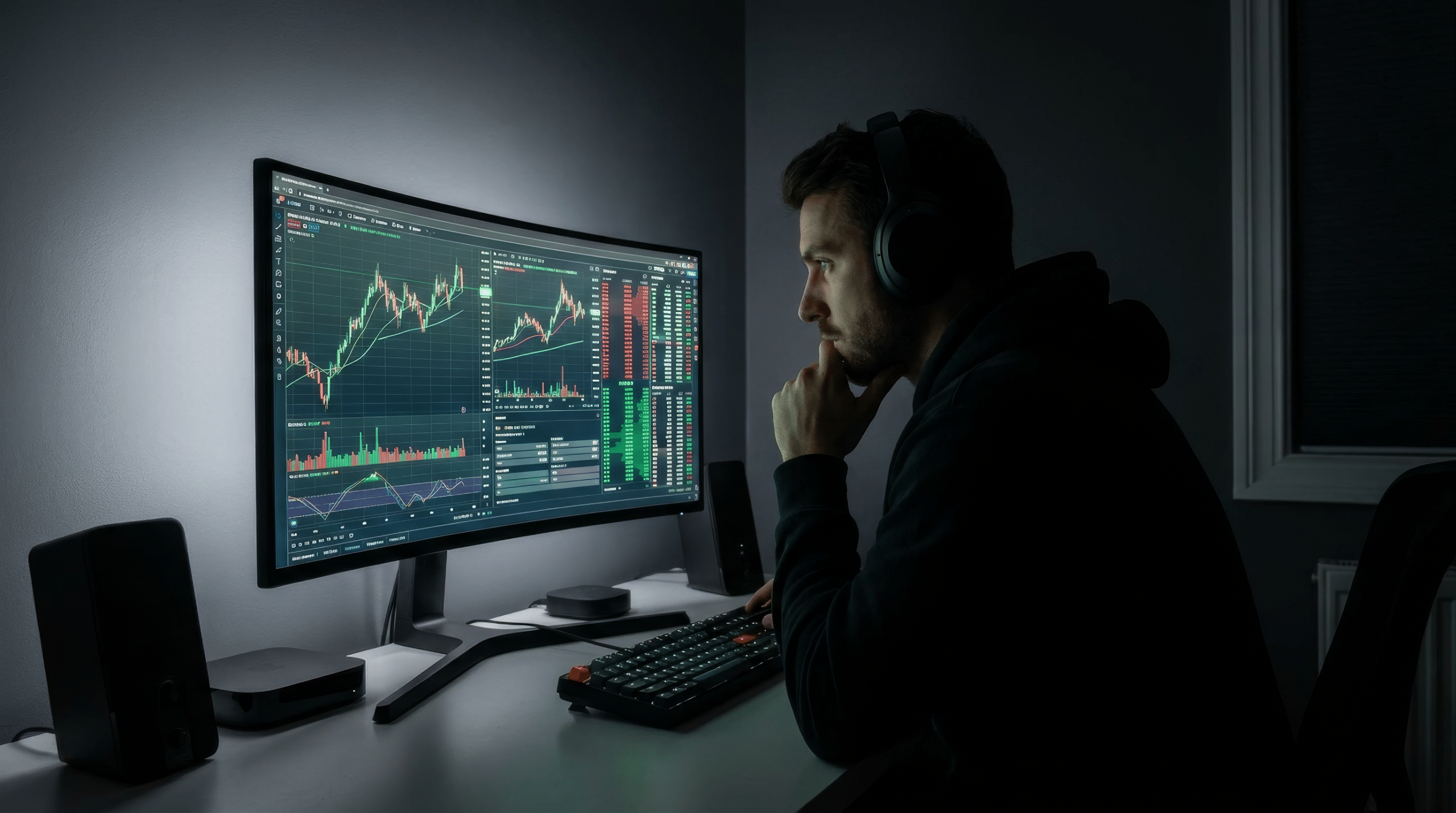 Analyst monitoring cost charts on a curved screen, representing efficiency and cost optimisation