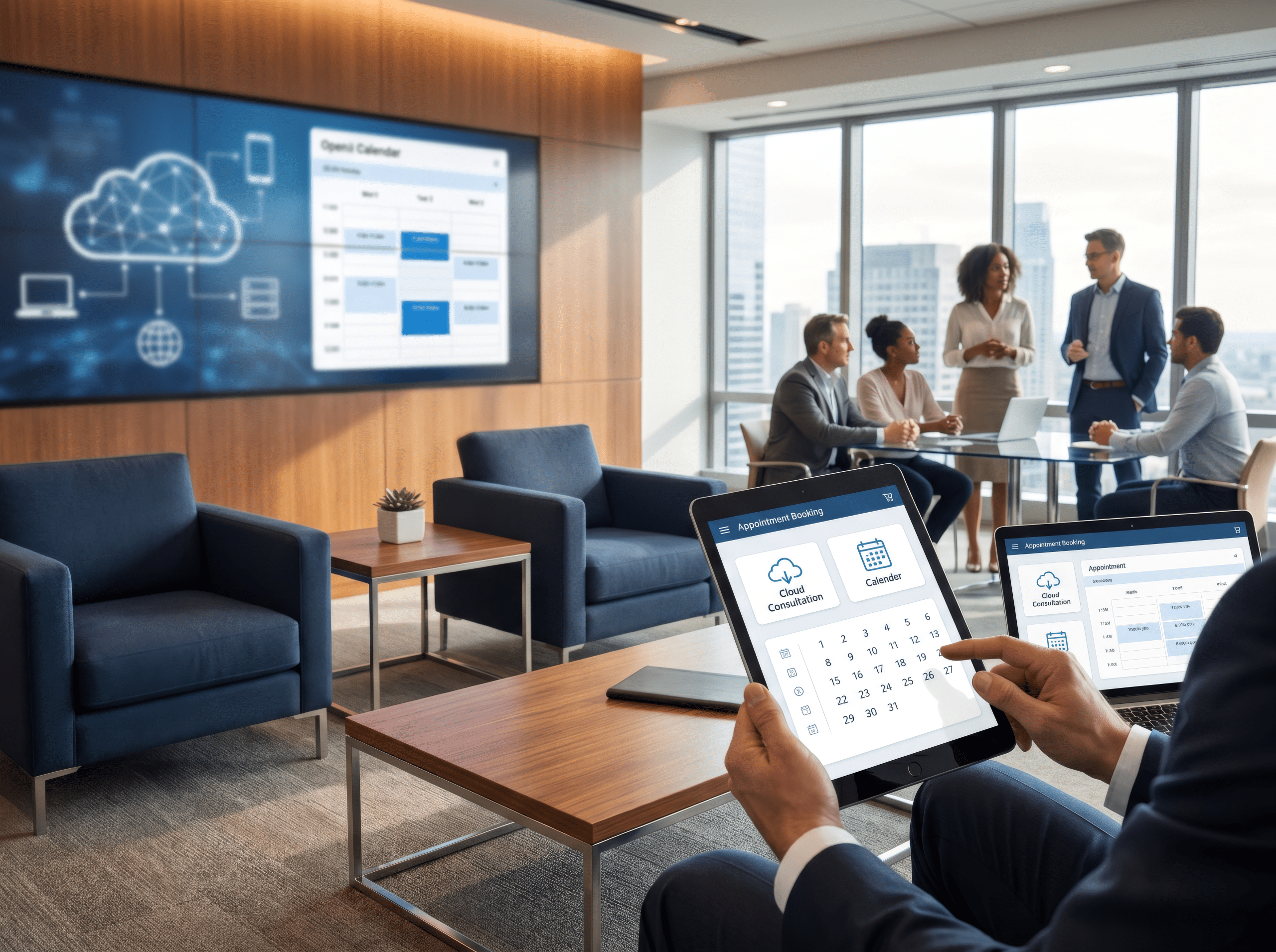 Business team booking a free AWS consultation on a tablet calendar
