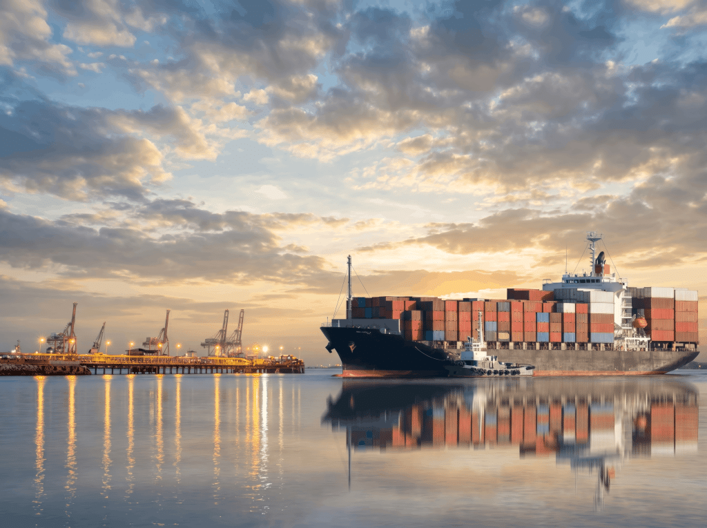 Container ship at a port at sunset – GAC Greece disaster recovery for shipping on AWS