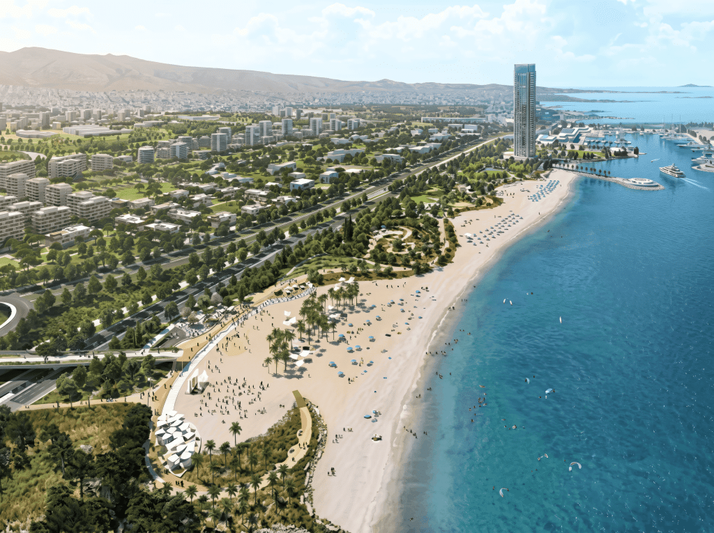 Aerial view of The Ellinikon coastline – LAMDA Development media asset library on AWS
