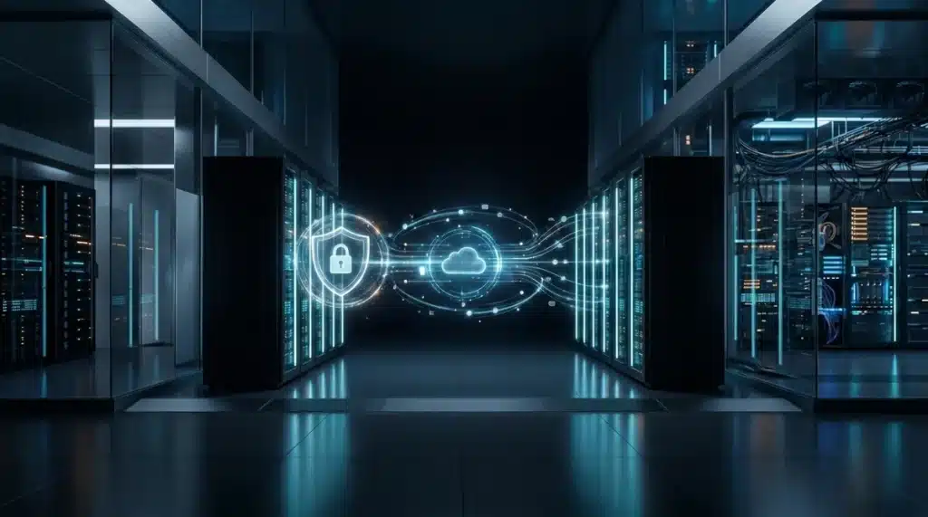 Secure cloud vault between server racks, representing AWS storage and backup services
