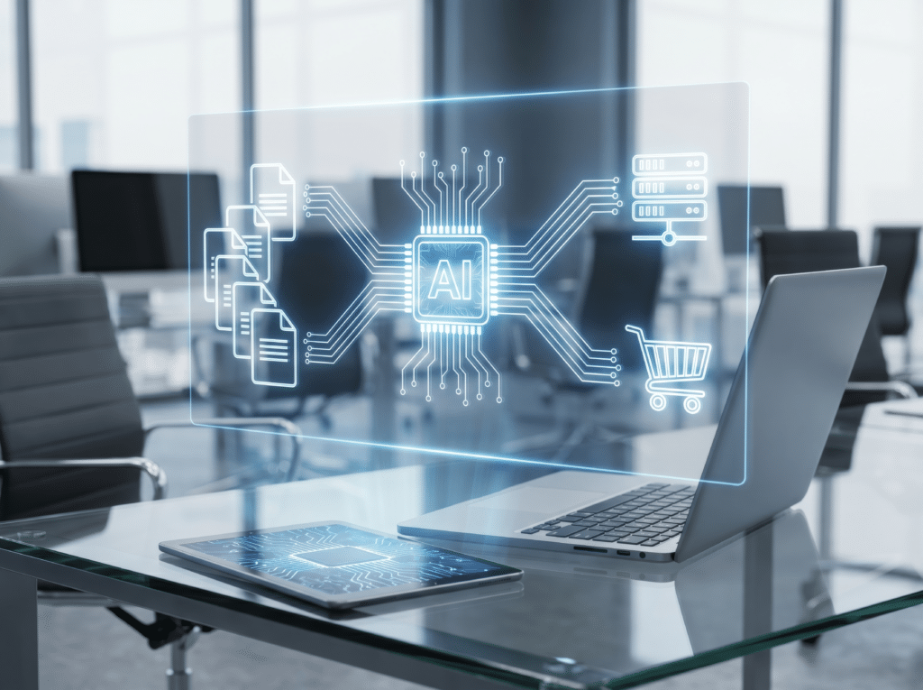 AI chip connecting spreadsheets to a shopping cart, representing LCM TradeIntel supplier data automation