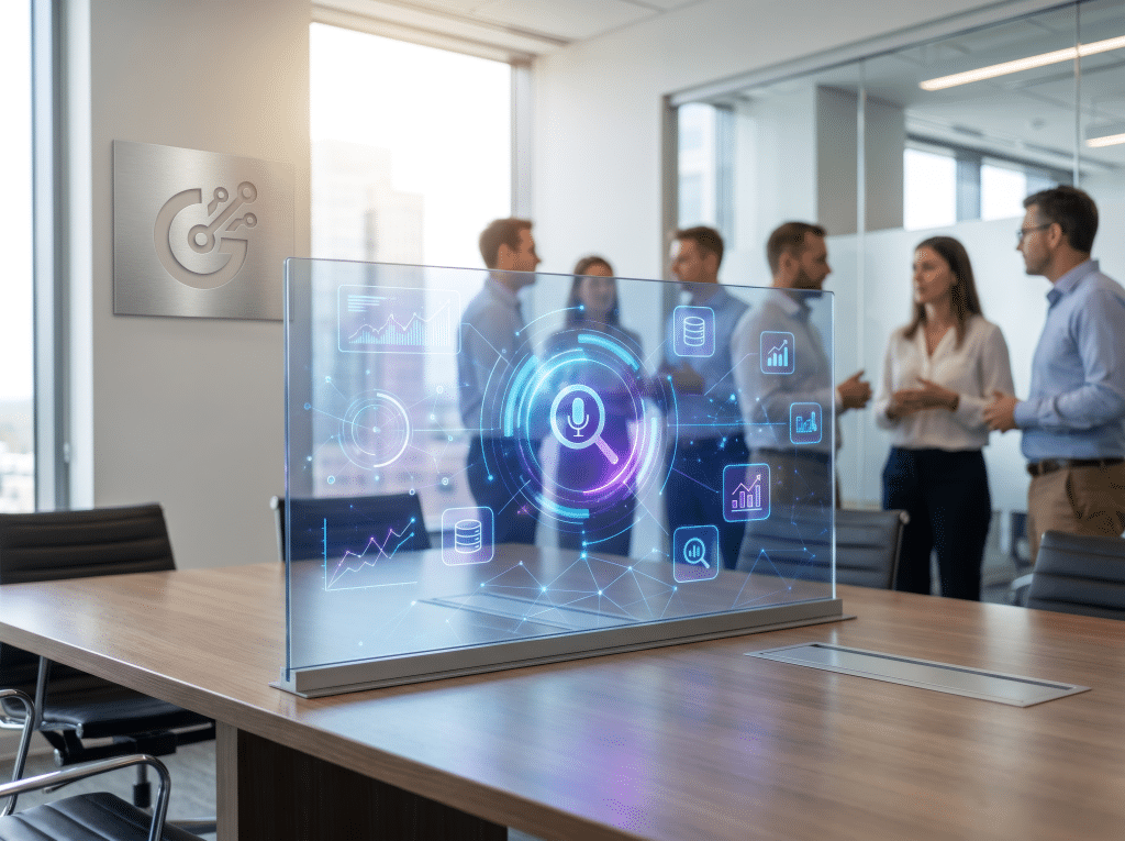 Team exploring business data on a holographic screen with LCM GenBI generative BI