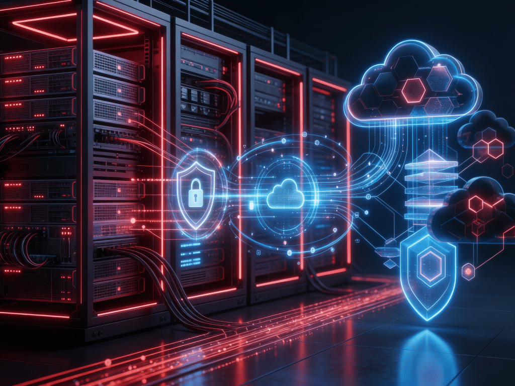 Server racks linked to protected cloud shields, representing AWS resilience and disaster recovery
