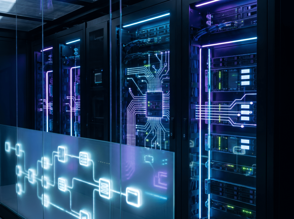Server rack beside a workflow diagram, illustrating an AWS TCO analysis of on-premises infrastructure