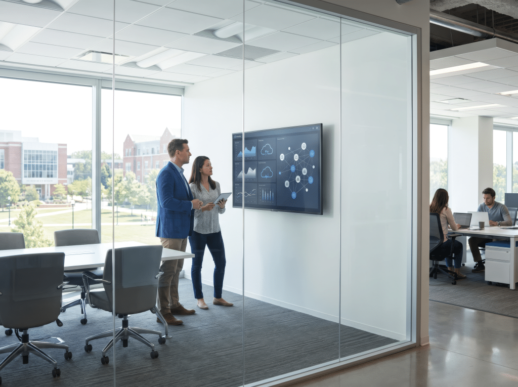 Students collaborating in a glass meeting room, representing LCM CloudLab managed AWS for universities