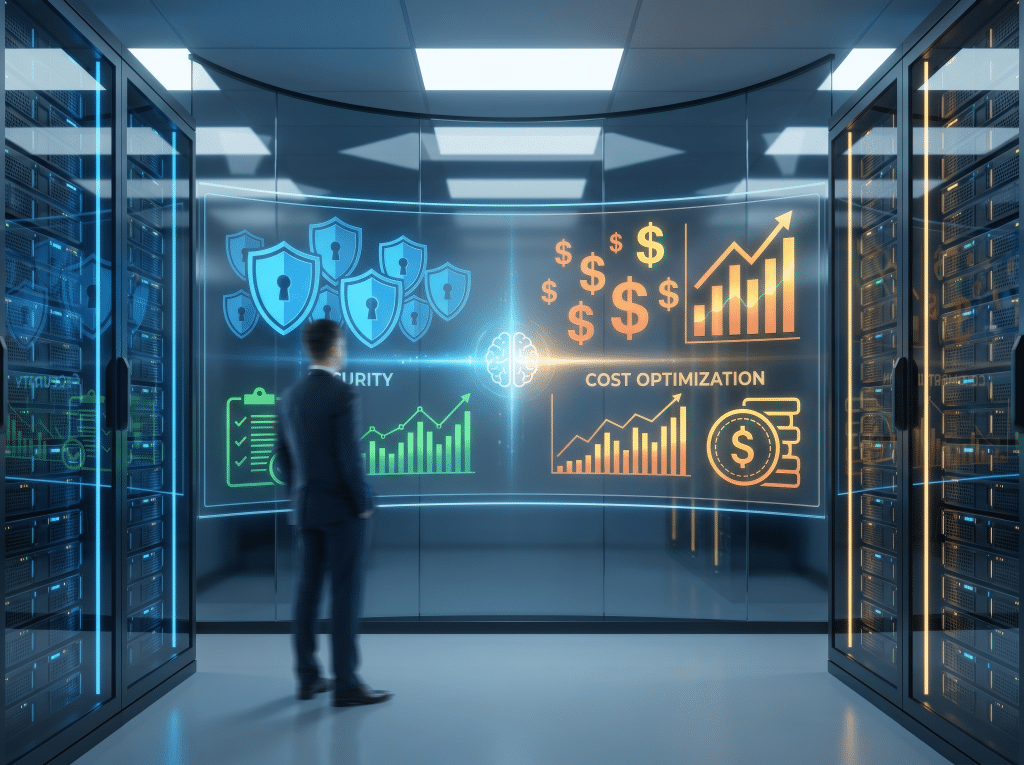 Security and cost optimisation dashboards in a data centre, representing LCM CloudPosture AWS security posture management
