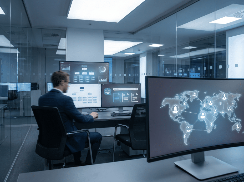 HR professional reviewing global candidate data on a monitor, representing LCM HRIntel AI CV search